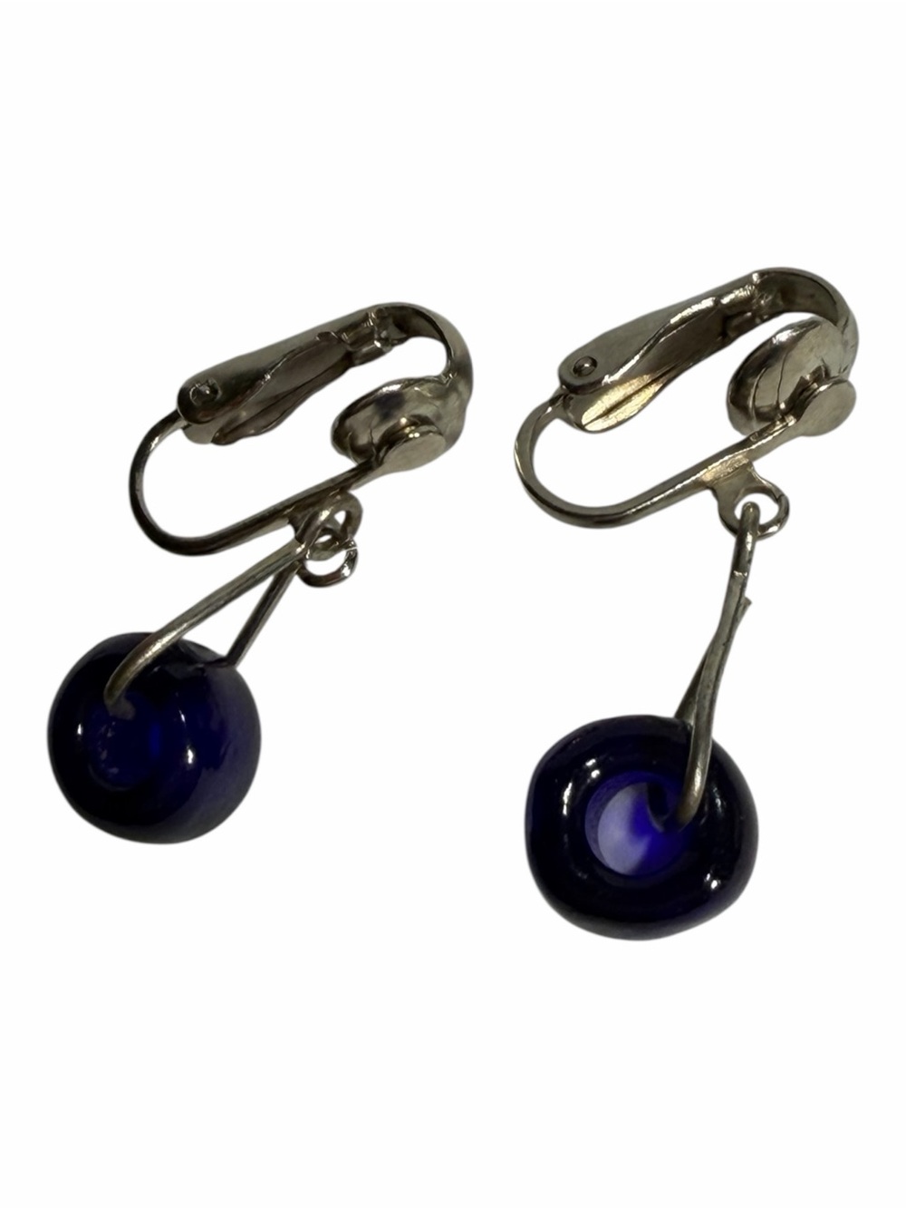 Cobalt Blue Glass Bead Clip On Dangle Drop Earrings Vivid Color